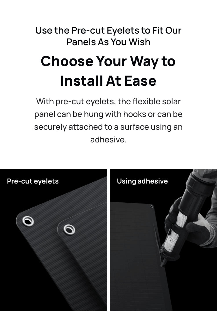 EcoFlow 100W Flexible Solar Panel- shows pre-cut eyelets next to the option to use adhesive 